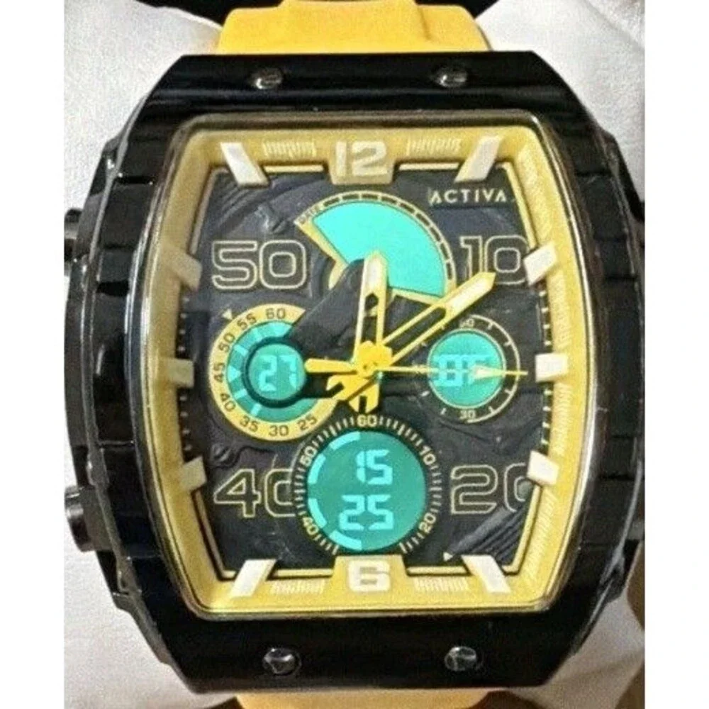 Activa Quartz Tonneau Multi-Dial Watch Yellow Rubber Strap 44-47.9mm 50m
